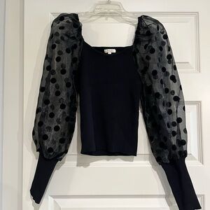 NWOT Flying Tomato Black Top with Sheer Polka Dot Sleeves
